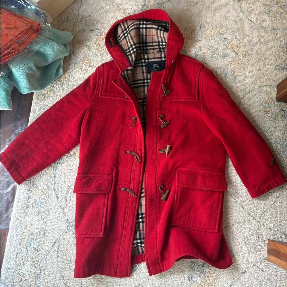 Burberry Women’s Red Wool Hood Jacket Toggle Coat XL Specialty Duffle Coating